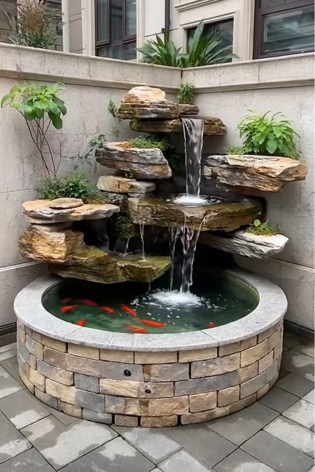 🪨 نافورة صخرية مع حوض أسماك متدرّج